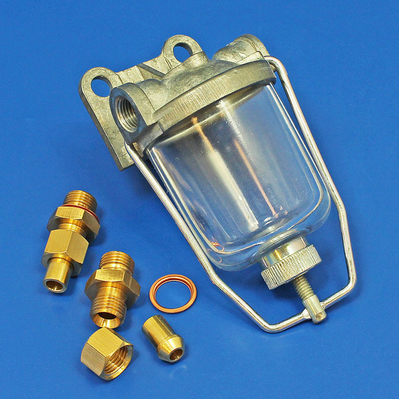 CA1026: Glass bowl fuel filter - In line, 1/2 UNF female or solder nipples  for 1/4 or 5/16 OD pipe - Fuel Filtration - Fuel System Components -  Vintage Car Parts